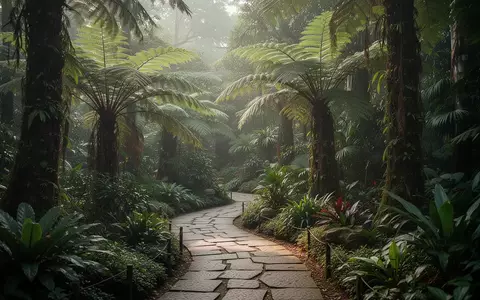 Ein ruhiger, üppig bewachsener botanischer Garten mit verschlungenen Steinwegen und dichtem tropischem Blattwerk. - Foto: über boerse-global.de
