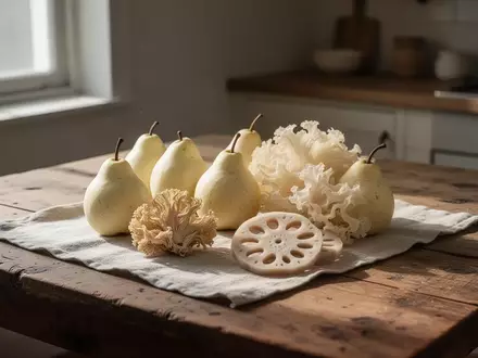Frische Birnen, ein weißer Zitterpilz und eine Lotuswurzel auf einem Holztisch als Symbol für TCM-Ernährung im Herbst. - Foto: über boerse-global.de