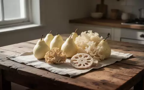 Frische Birnen, ein weißer Zitterpilz und eine Lotuswurzel auf einem Holztisch als Symbol für TCM-Ernährung im Herbst. - Foto: über boerse-global.de