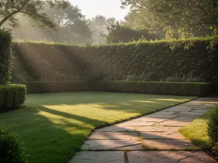 Ein gepflegter Garten mit einer Hecke als Grundstücksbegrenzung und einem Steinweg in sanftem Morgenlicht. - Foto: über boerse-global.de