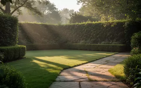 Ein gepflegter Garten mit einer Hecke als Grundstücksbegrenzung und einem Steinweg in sanftem Morgenlicht. - Foto: über boerse-global.de