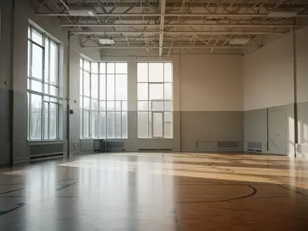 Ein heller, leerer Gymnastikraum mit Holzboden und einfallendem Tageslicht in einer Schule. - Foto: über boerse-global.de