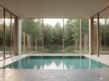 Ein minimalistischer Innenraum einer modernen Therme mit großen Fensterfronten und Blick in eine ruhige Waldlandschaft. - Foto: über boerse-global.de
