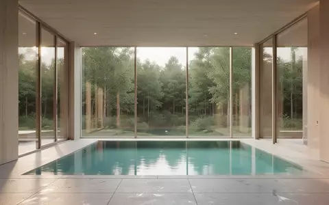 Ein minimalistischer Innenraum einer modernen Therme mit großen Fensterfronten und Blick in eine ruhige Waldlandschaft. - Foto: über boerse-global.de