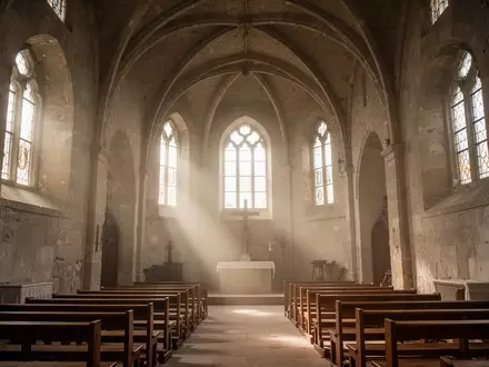 Innenansicht einer historischen Steinkirche mit gewölbter Decke und sanftem Lichteinfall durch hohe Fenster. - Foto: über boerse-global.de
