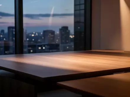 Ein minimalistischer, leerer Schreibtisch in einem modernen Büro bei Dämmerung mit Blick auf die Stadtlichter. - Foto: über boerse-global.de