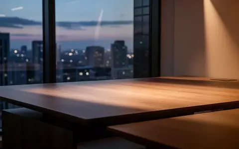 Ein minimalistischer, leerer Schreibtisch in einem modernen Büro bei Dämmerung mit Blick auf die Stadtlichter. - Foto: über boerse-global.de