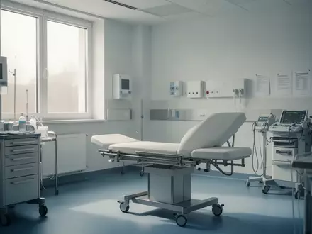 Ein leerer, klinisch sauberer Untersuchungsraum in einer deutschen Gesundheitseinrichtung bei natürlichem Tageslicht. - Foto: über boerse-global.de