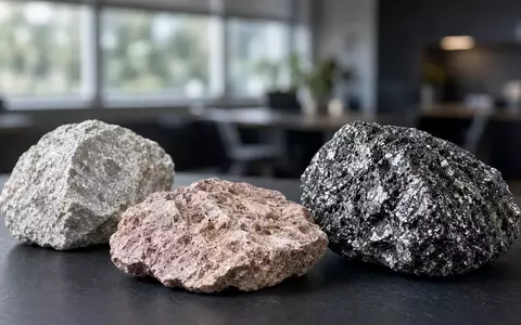 Lithium-Mineralproben auf einem industriellen Arbeitstisch vor einem verschwommenen Büro-Hintergrund. - Foto: über boerse-global.de