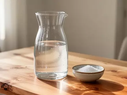 Eine Glaskaraffe mit Wasser und eine kleine Schale mit Salz auf einem Holztisch, symbolisch für Rehydratation. - Foto: über boerse-global.de
