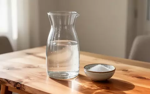 Eine Glaskaraffe mit Wasser und eine kleine Schale mit Salz auf einem Holztisch, symbolisch für Rehydratation. - Foto: über boerse-global.de