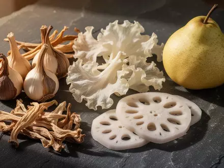 Nahaufnahme von frischen und getrockneten Zutaten wie Lilien, Holzohrpilzen, Lotuswurzel und Birnen auf einem Steintisch. - Foto: über boerse-global.de
