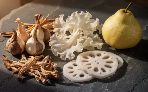 Nahaufnahme von frischen und getrockneten Zutaten wie Lilien, Holzohrpilzen, Lotuswurzel und Birnen auf einem Steintisch. - Foto: über boerse-global.de
