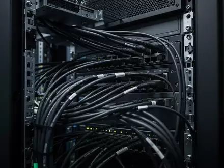 Nahaufnahme von komplexer Netzwerkhardware und Glasfaserkabeln in einem Serverraum. - Foto: über boerse-global.de