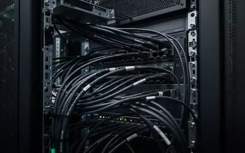 Nahaufnahme von komplexer Netzwerkhardware und Glasfaserkabeln in einem Serverraum. - Foto: über boerse-global.de