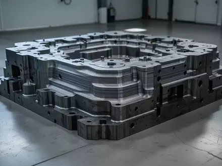 Ein massives, industrielles Metallwerkzeug aus der additiven Fertigung steht auf einem Werkstattboden. - Foto: über boerse-global.de