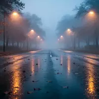 Nasse, dunkle Asphaltstraße in der Dämmerung mit Lichtreflexionen bei herbstlichem Wetter. - Foto: über boerse-global.de