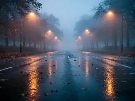 Nasse, dunkle Asphaltstraße in der Dämmerung mit Lichtreflexionen bei herbstlichem Wetter. - Foto: über boerse-global.de