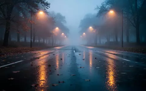 Nasse, dunkle Asphaltstraße in der Dämmerung mit Lichtreflexionen bei herbstlichem Wetter. - Foto: über boerse-global.de