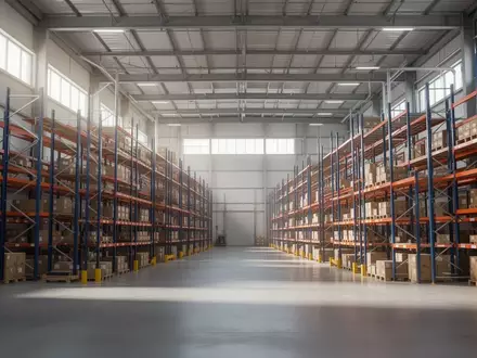 Weitläufiges, leeres Logistikzentrum mit hohen Regalen und Industrieboden bei natürlichem Lichteinfall. - Foto: über boerse-global.de