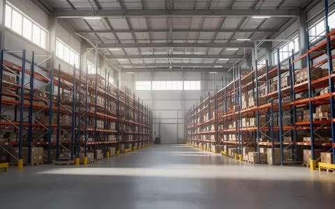 Weitläufiges, leeres Logistikzentrum mit hohen Regalen und Industrieboden bei natürlichem Lichteinfall. - Foto: über boerse-global.de