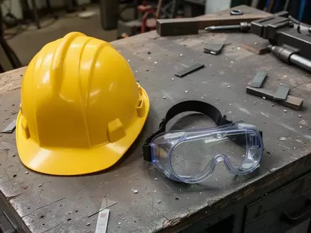 Symbolbild: Schutzhelm und Schutzbrille auf einer Werkbank - Foto: über boerse-global.de