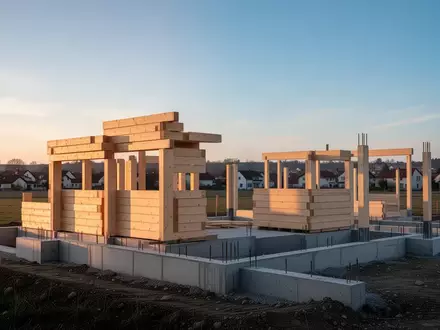Eine Baustelle mit Holz- und Betonelementen für ein neues Wohngebiet in einer ländlichen Umgebung bei Sonnenuntergang. - Foto: über boerse-global.de