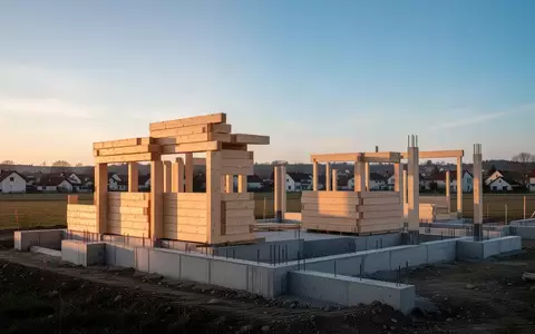 Eine Baustelle mit Holz- und Betonelementen für ein neues Wohngebiet in einer ländlichen Umgebung bei Sonnenuntergang. - Foto: über boerse-global.de