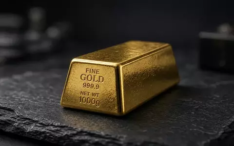 Ein einzelner Goldbarren auf einer dunklen Schieferplatte bei stimmungsvoller Beleuchtung. - Foto: über boerse-global.de