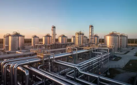 Moderne industrielle Erdgasanlage bei Sonnenaufgang mit glänzenden Rohrleitungen und Speichertanks. - Foto: über boerse-global.de
