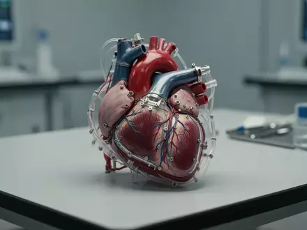 Ein hochmodernes, mechanisches Kunstherz-Modell auf einem Labortisch in einer medizinischen Forschungsumgebung. - Foto: über boerse-global.de