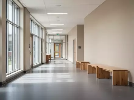 Ein heller, leerer Schulflur mit moderner Architektur und einfallendem Tageslicht. - Foto: ĂĽber boerse-global.de