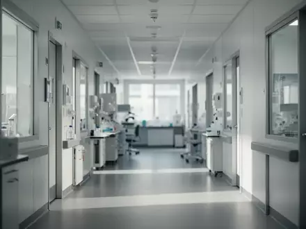 Ein heller, leerer Krankenhausflur mit moderner Architektur und dezenter Beleuchtung. - Foto: über boerse-global.de