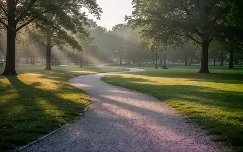 Ein geschwungener Kiesweg in einem sonnendurchfluteten Park am frühen Morgen ohne Personen. - Foto: über boerse-global.de