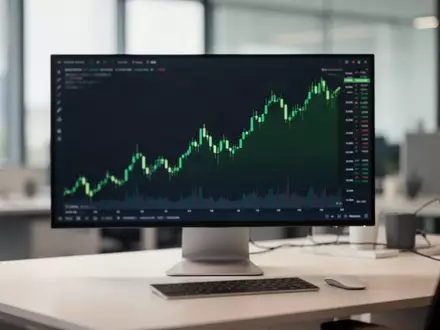 Ein moderner Schreibtisch mit einem Computerbildschirm, auf dem ein steigender Aktienkurs als grünes Chart zu sehen ist. - Foto: über boerse-global.de