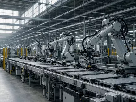 Moderne Produktionshalle einer Batteriefabrik mit automatisierten Fertigungsanlagen und Robotern. - Foto: über boerse-global.de