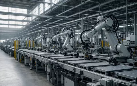 Moderne Produktionshalle einer Batteriefabrik mit automatisierten Fertigungsanlagen und Robotern. - Foto: über boerse-global.de