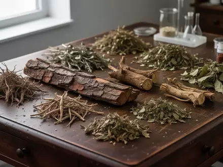 Getrocknete Heilkräuter und botanische Zutaten auf einem hölzernen Apothekertisch in einer Laborumgebung. - Foto: über boerse-global.de