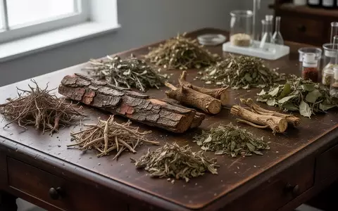 Getrocknete Heilkräuter und botanische Zutaten auf einem hölzernen Apothekertisch in einer Laborumgebung. - Foto: über boerse-global.de