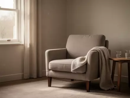 Ein ruhiger, minimalistisch eingerichteter Raum mit einem leeren Sessel und einer Decke, der eine Atmosphäre der Stille vermittelt. - Foto: über boerse-global.de