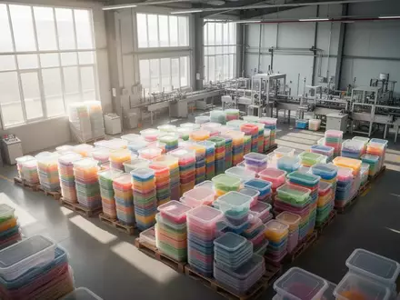 Moderne Produktionshalle für Kunststoffverpackungen mit gestapelten Behältern in einem Lagerhaus. - Foto: über boerse-global.de