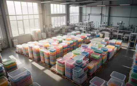 Moderne Produktionshalle fĂŒr Kunststoffverpackungen mit gestapelten BehĂ€ltern in einem Lagerhaus. - Foto: ĂŒber boerse-global.de
