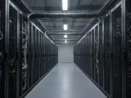 Reihen von hochverdichteten Server-Racks in einem minimalistischen Rechenzentrum mit technischer Infrastruktur. - Foto: über boerse-global.de