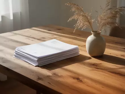 Ein minimalistischer, aufgeräumter Schreibtisch mit einer Vase und Dokumentenstapeln in einem lichtdurchfluteten Raum. - Foto: über boerse-global.de