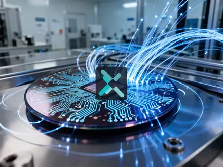 Abstrakte Darstellung einer modernen Halbleiterfertigung mit leuchtenden Lichtspuren und technologischen Strukturen. - Foto: über boerse-global.de