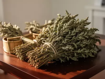 Getrocknete Beifuß-Kräuter für die Moxibustion in Bambusbehältern auf einem Holztisch in einem hellen, ruhigen Raum. - Foto: über boerse-global.de