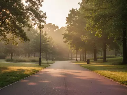 Ein leerer, sonnendurchfluteter Parkweg in einer Grünanlage, der zum Sporttreiben einlädt. - Foto: über boerse-global.de