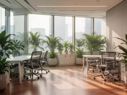 Ein heller, moderner Pausenraum in einem Bürogebäude mit ergonomischen Möbeln, vielen Pflanzen und natürlichem Tageslicht. - Foto: über boerse-global.de