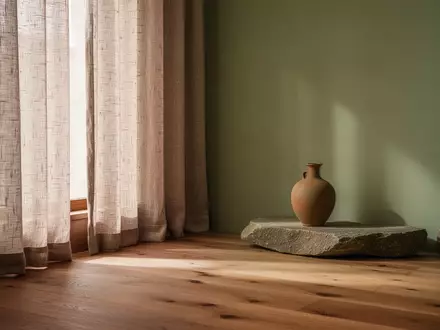 Minimalistischer, ruhiger Raum mit Naturmaterialien wie Holz und Leinen in sanften Beige- und Salbeitönen zur Entspannung. - Foto: über boerse-global.de