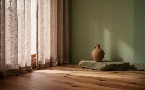 Minimalistischer, ruhiger Raum mit Naturmaterialien wie Holz und Leinen in sanften Beige- und Salbeitönen zur Entspannung. - Foto: über boerse-global.de